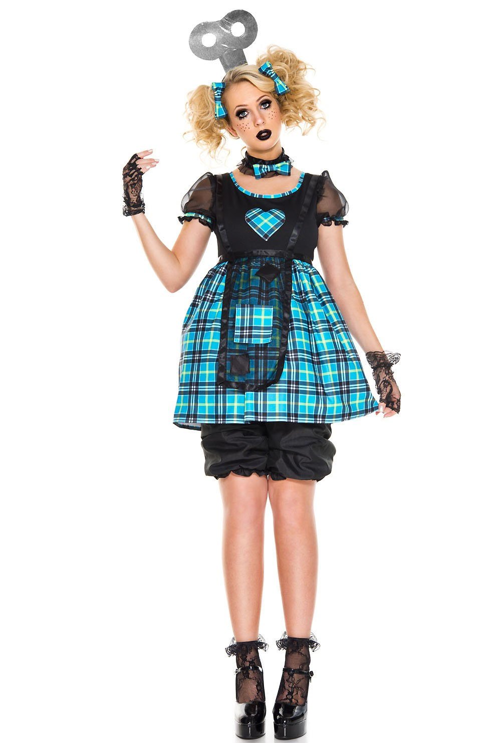 Music Legs 70830-XL 5 Piece Checker with Mesh Rag Doll Dress with Bloomer Shorts&#44; Wind-Up Headpiece&#44; Hair Clips & Choker