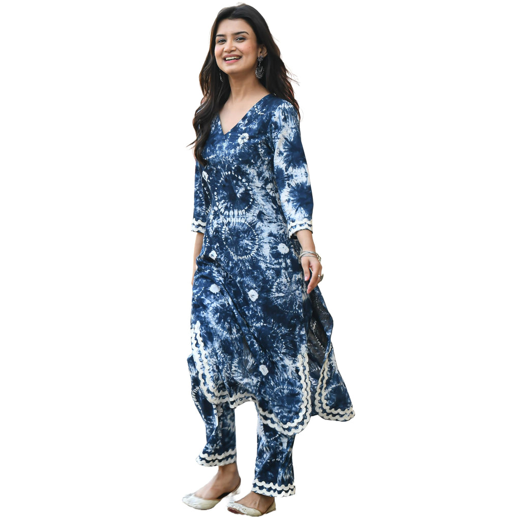 ANNI DESIGNER Women's Cotton Blend Printed Straight Kurta with Palazzo Set (Hand Block Blue_S_Blue_Small)