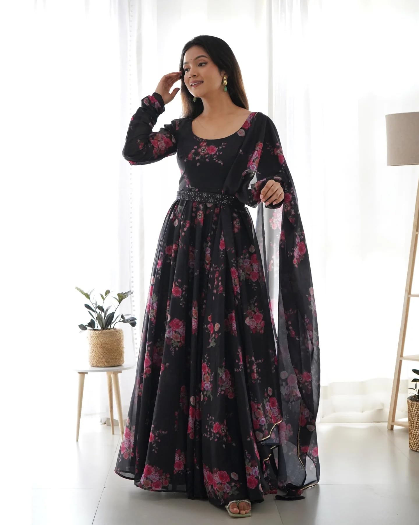 Fashion Basket Floral Print Anarkali Kurta With Pant And Dupatta (Black, L)