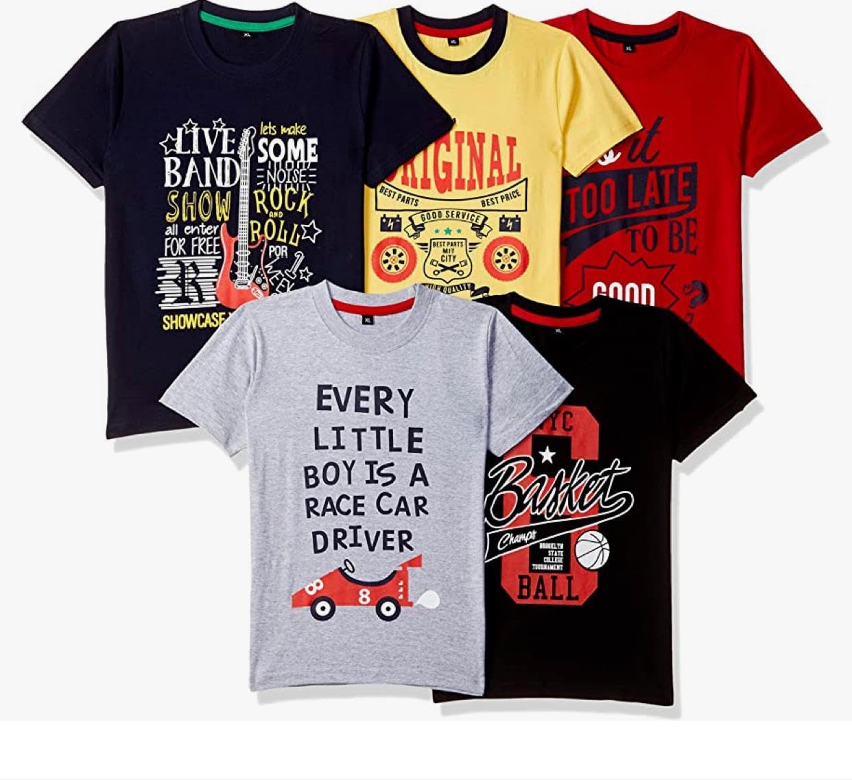 T2F Boys Cotton Printed Regular Fit T-Shirt (Pack of 5)