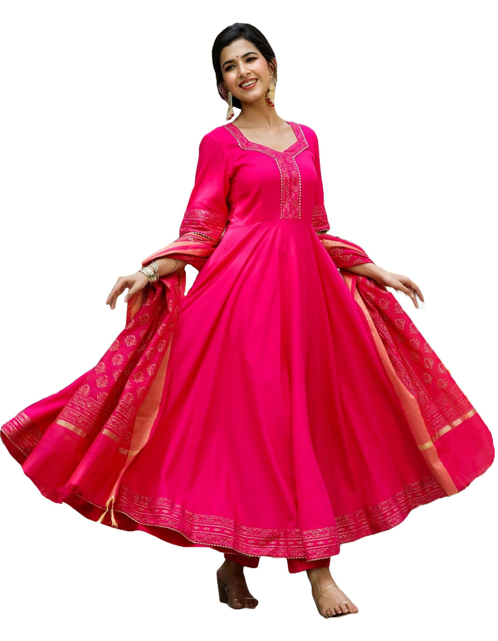 ANNI DESIGNER Womens Rayon Blend Anarkali Solid Kurta with Pant & Dupatta (GANPATI-Rani_S_Pink_Small)