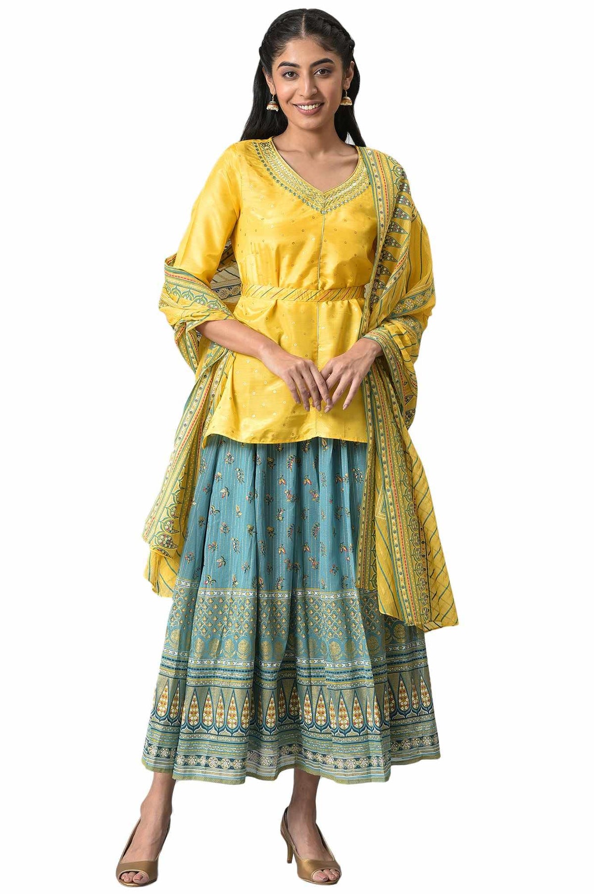 Aurelia Women Yellow Embroidered Kurta With Green Printed Skirt And Yellow Dupatta_22AUD10473-604490_XXL