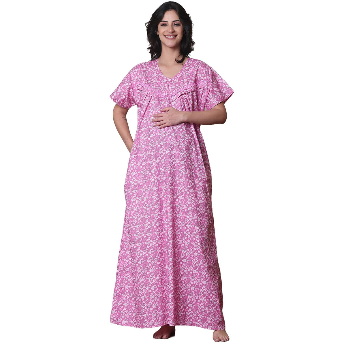 Secret Wish Pink Floral Pure Cotton Maternity Nighty/Maxi Nighty/Feeding/Nursing/Zipper/Printed 2