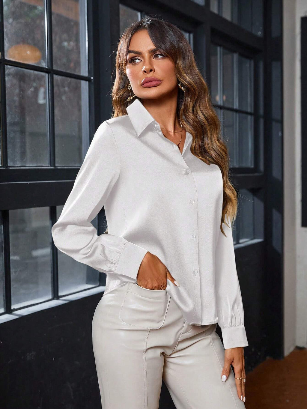 Indoprimo WomenS Solid Satin Casual Shirt | Stylish Western Long Sleeve Shirt For Women
