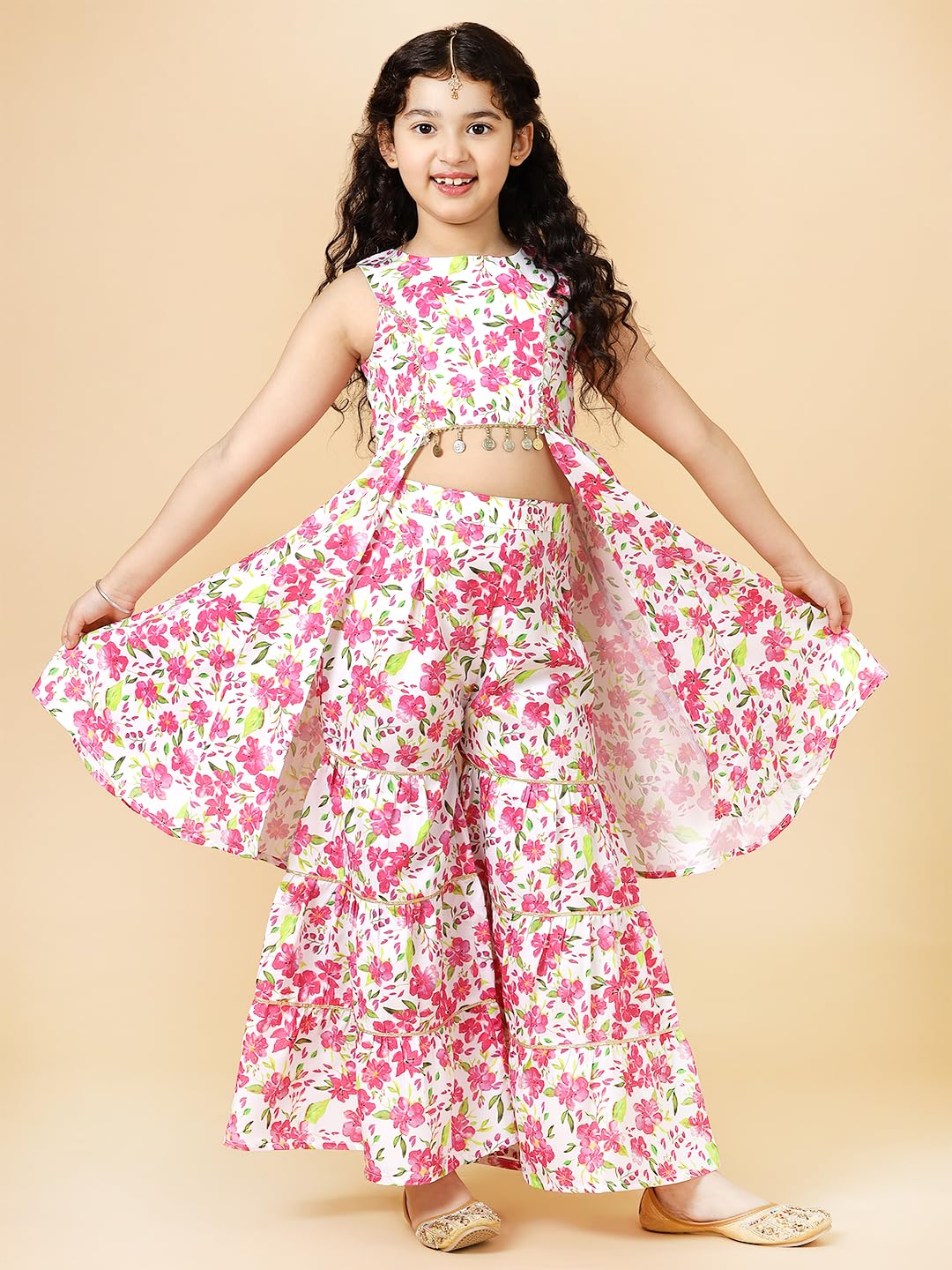A.T.U.N. (All Things Uber Nice) A.T.U.N. Girls Ethnic Wear Sharara | Floral Fuchsia Printed Kurta With Sharara Set For Girls