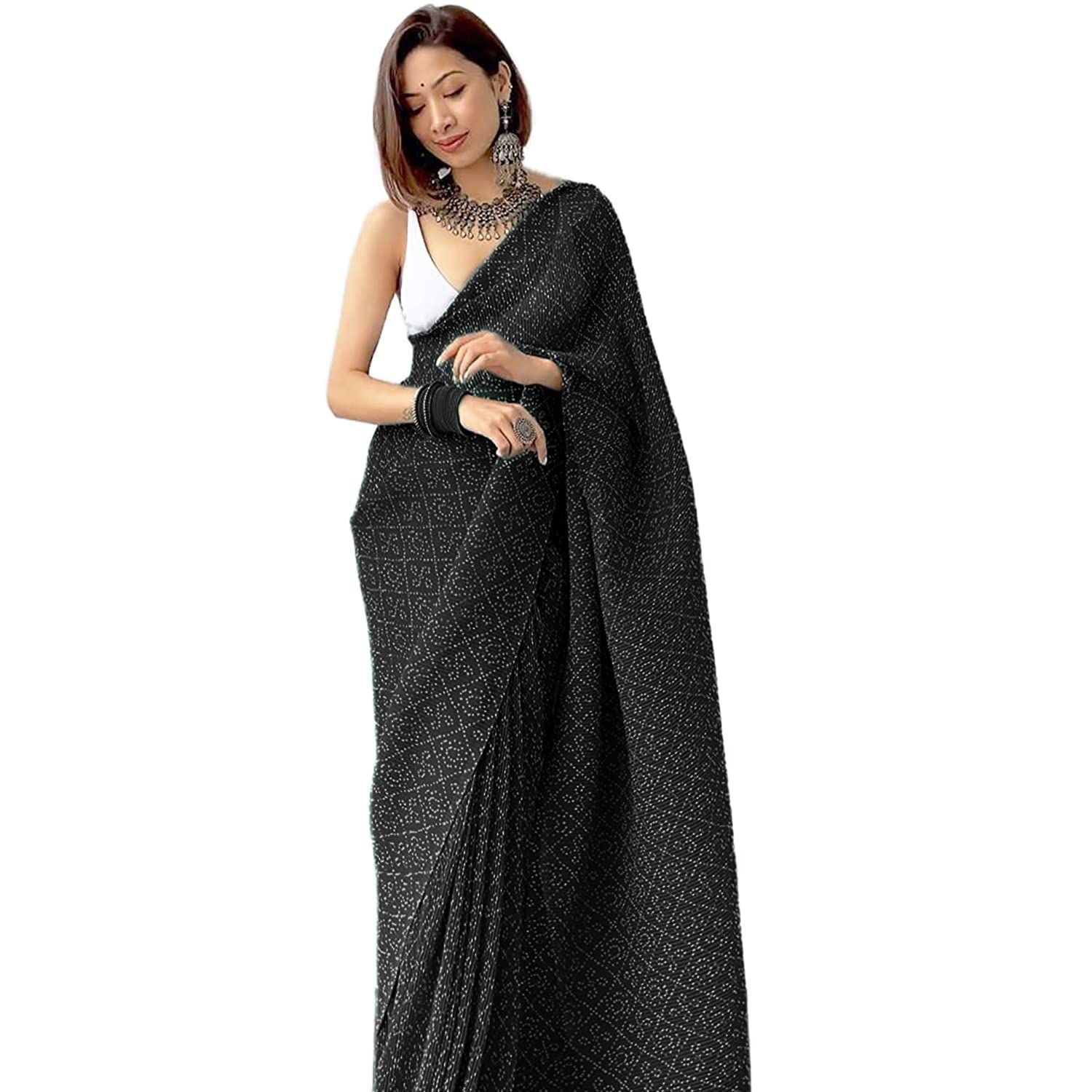 Shiv Textiles Womens Plain Pure Georgette Full Crushed Saree (CRSH-Black 1)