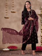 ishin Womens Velvet Self Design Purple Straight Kurta Suit Set with Trousers and Dupatta