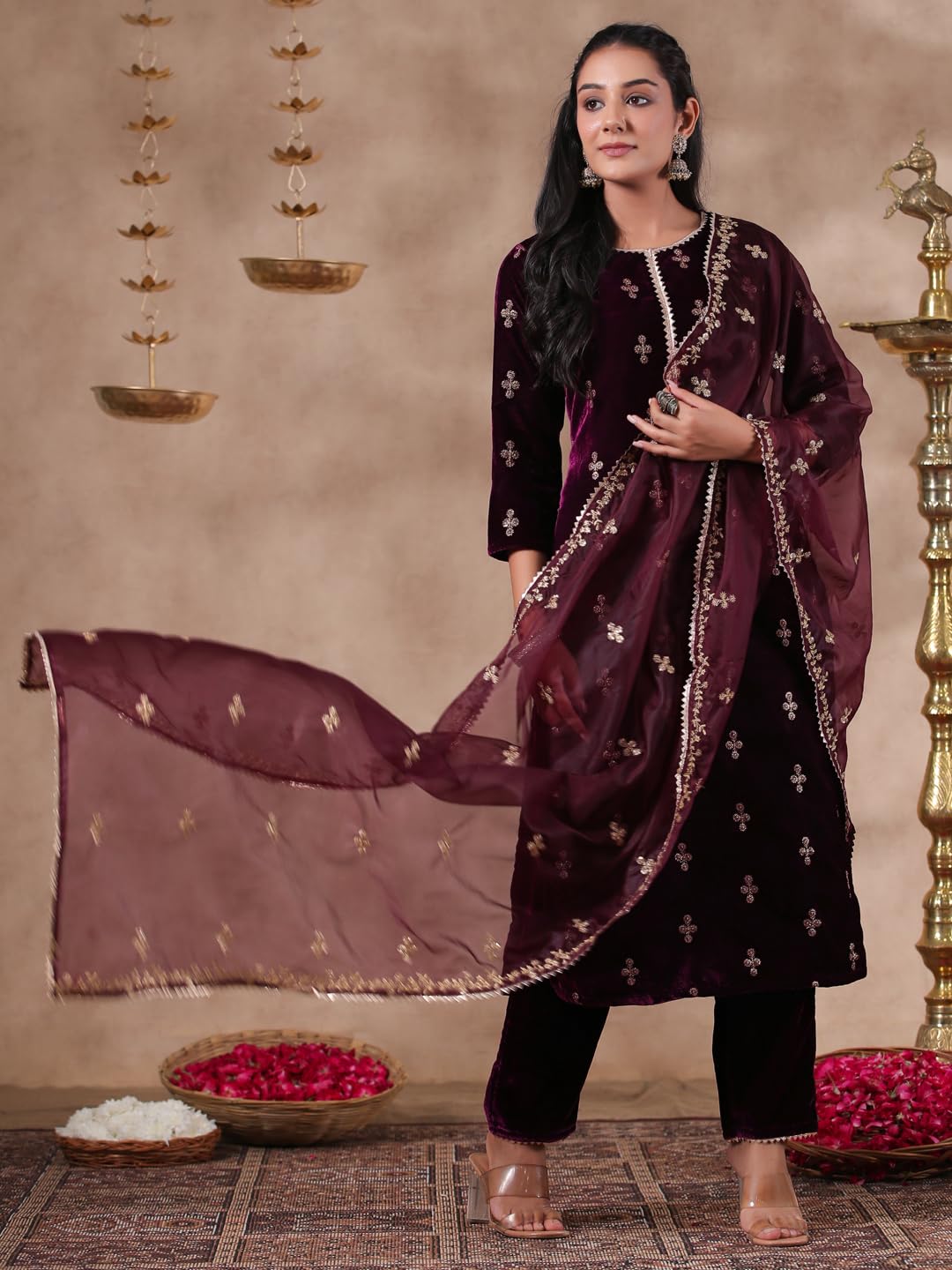 ishin Womens Velvet Self Design Purple Straight Kurta Suit Set with Trousers and Dupatta