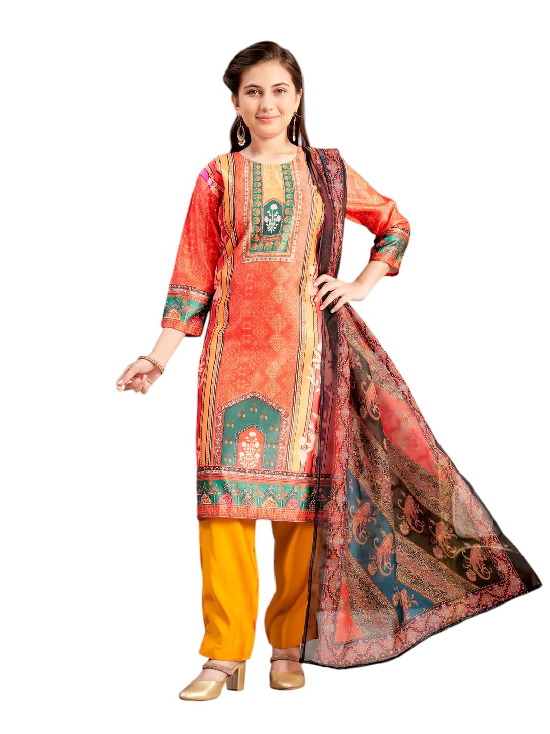 Aarika Girls Ethnic Wear Orange-Mustard Colour Abstract Embalished Satin Kurti Pant Set-8-15 Years (KP-TR-K-1041)