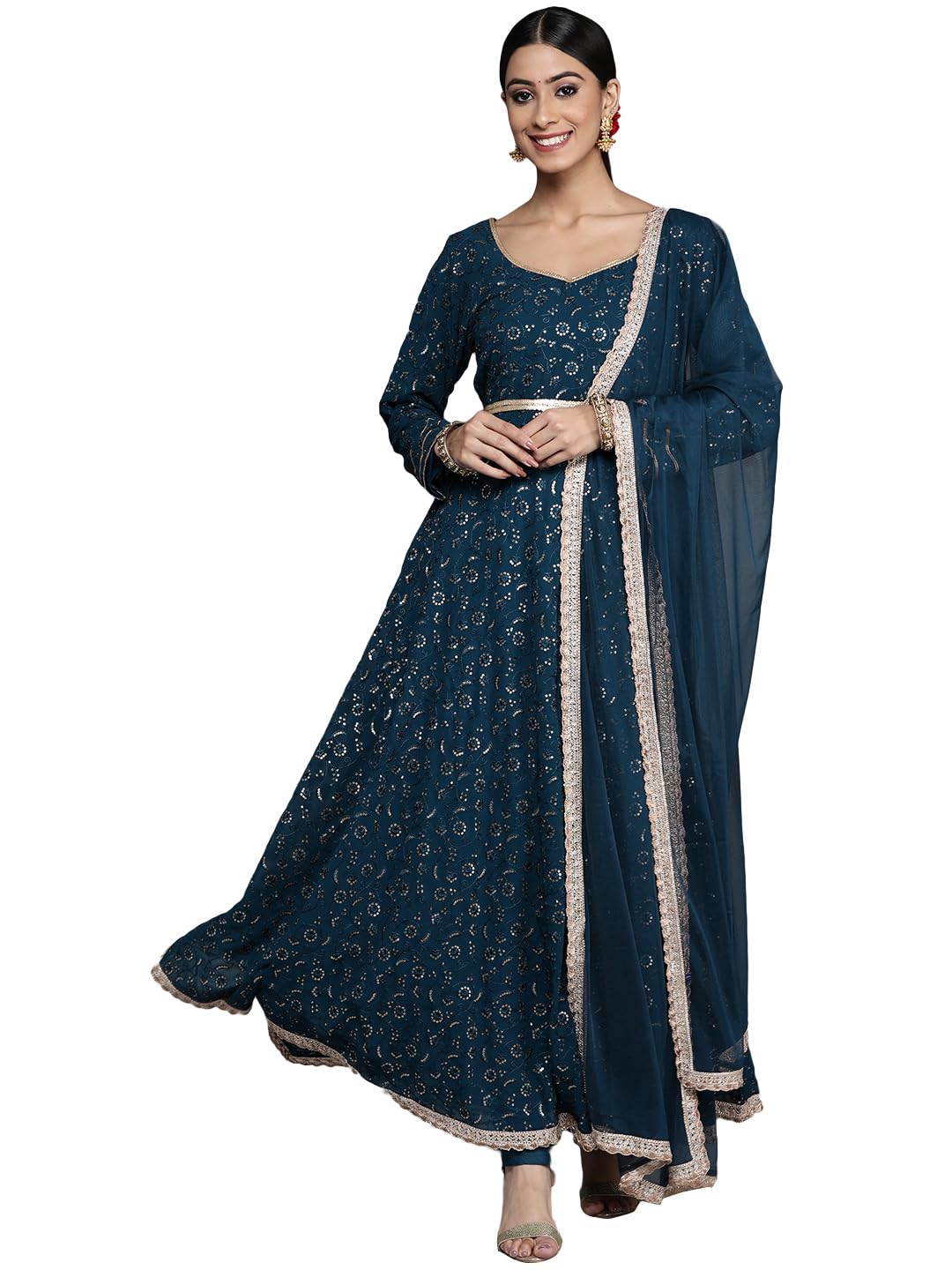 Libas Blue Embroidered Poly Georgette Anarkali Kurta With Churidar & Dupatta