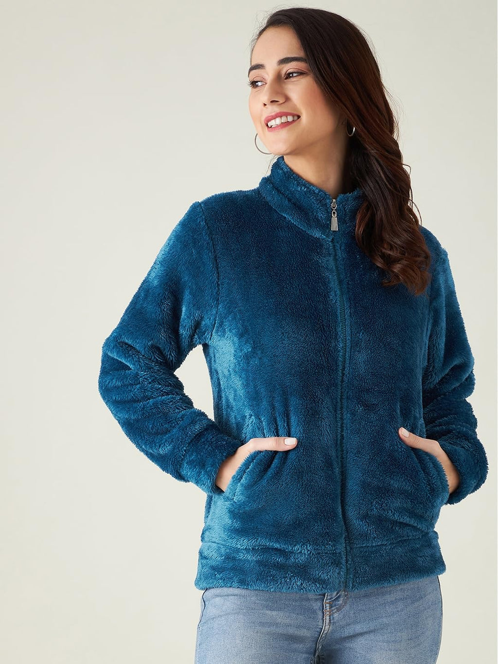 Modeve Women Solid Full Sleeve Jacket For Winter Blue Jacket For Winter