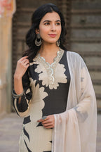ANNI DESIGNER Womens Cotton Blend Straight Printed Kurta with Pant & Dupatta (5jee Black_3XL_Blue_XXX-Large)