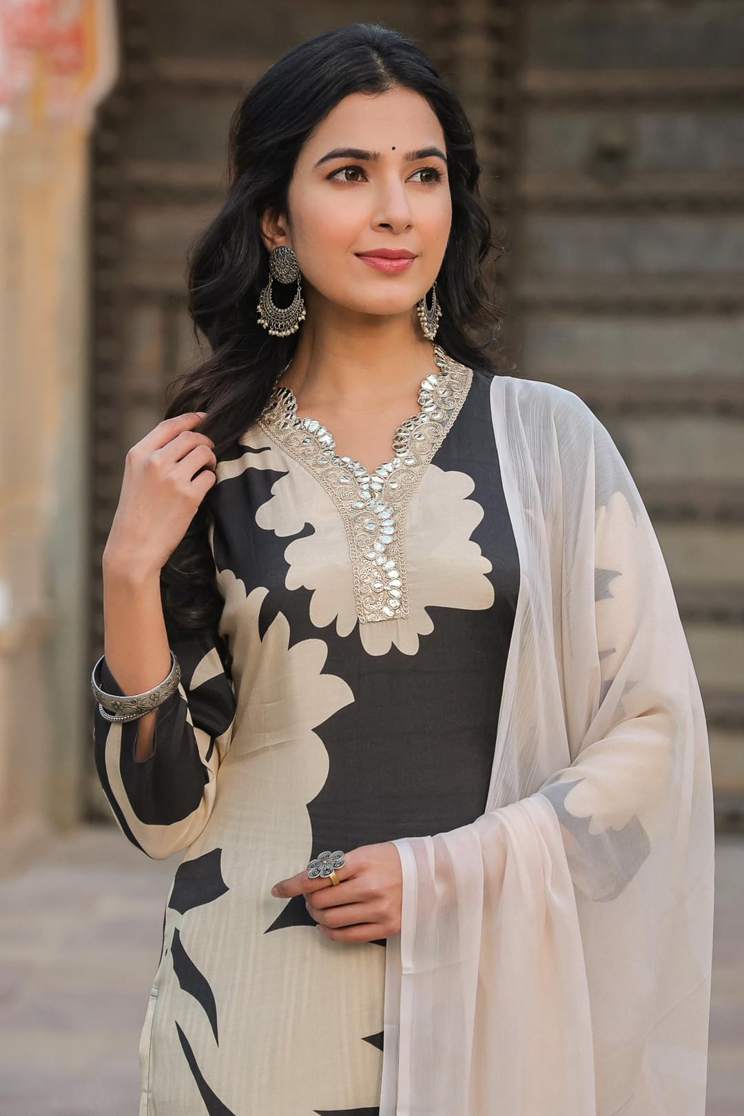 ANNI DESIGNER Womens Cotton Blend Straight Printed Kurta with Pant & Dupatta (5jee Black_3XL_Blue_XXX-Large)