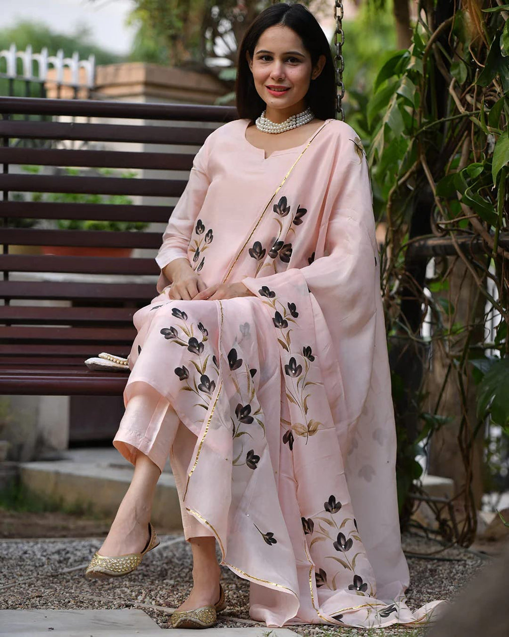 ANNI DESIGNER Womens Cotton Blend Straight Printed Kurta with Pant & Dupatta (BRUSH-PEACH_M_Peach_Medium)