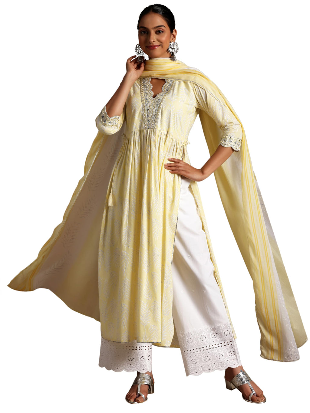 Libas Womens Printed Cotton A-Line Kurta With Palazzos And Dupatta