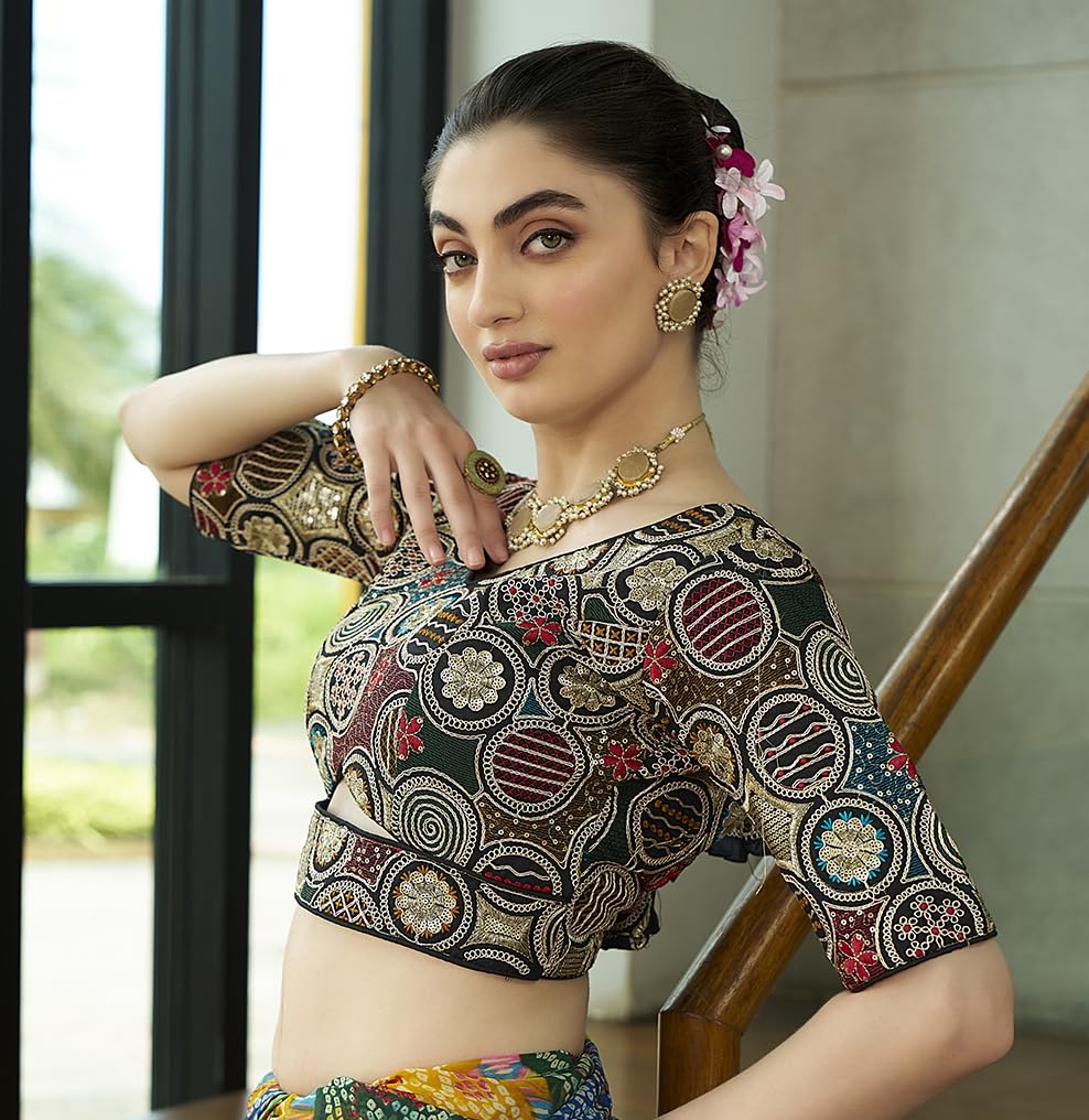 Pujia Mills WomenS Blouse Readymade Embroidery Multicoding Gold Thread And Multicolor Dhaga Work Handwork Readymade Saree Blous