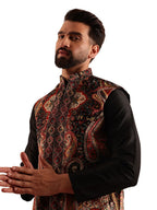 SOJANYA (Since 1958 Mens Velvet Black & Beige Nehru Jacket With Paisley Print