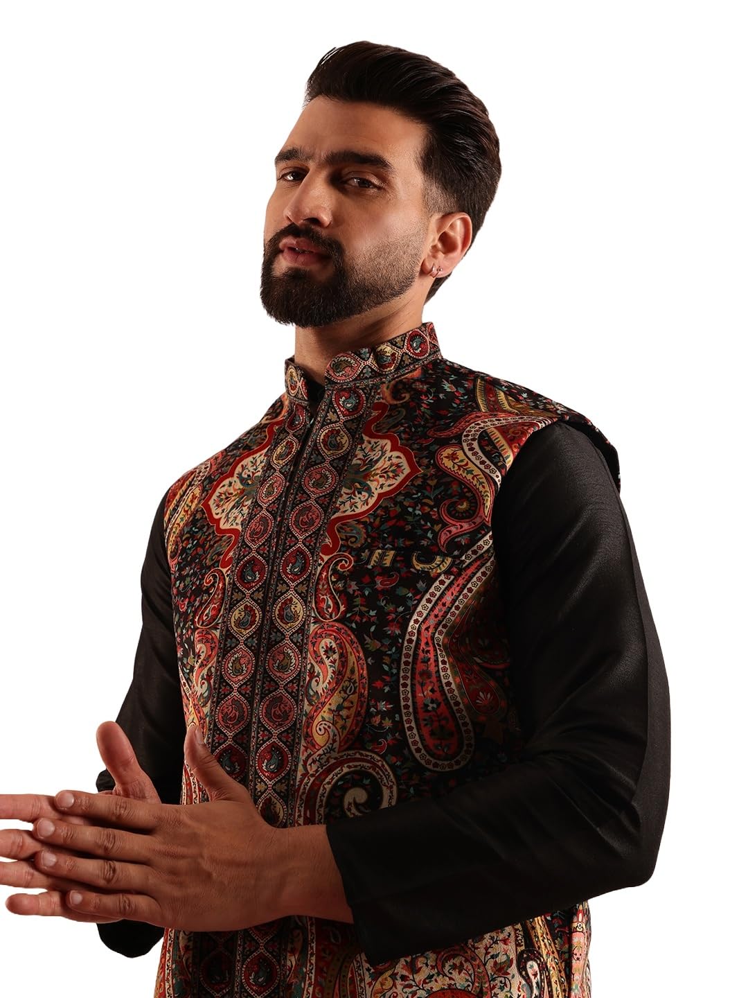 SOJANYA (Since 1958 Mens Velvet Black & Beige Nehru Jacket With Paisley Print