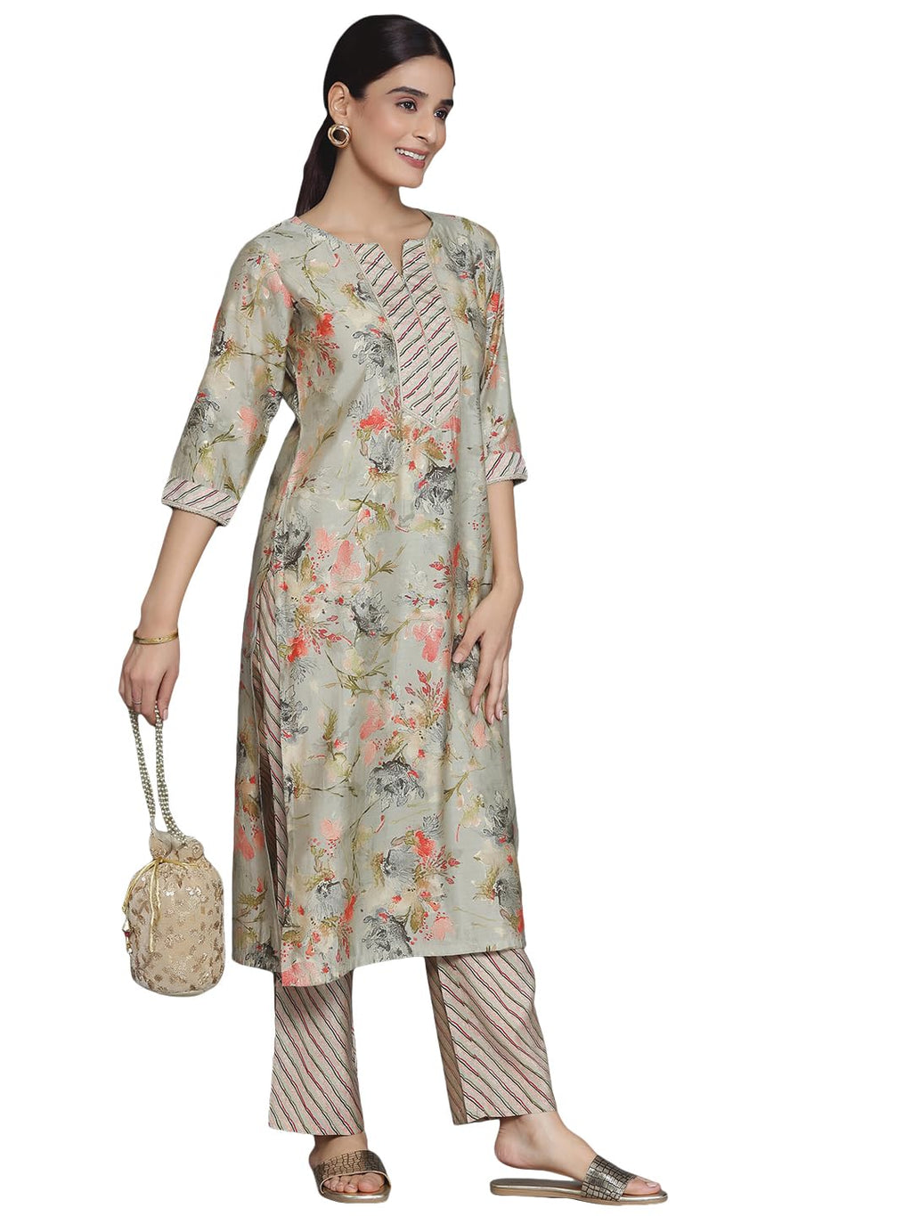 Libas Womens Silk Blend Printed Regular Fit Kurta Set (35430_Grey_XS)