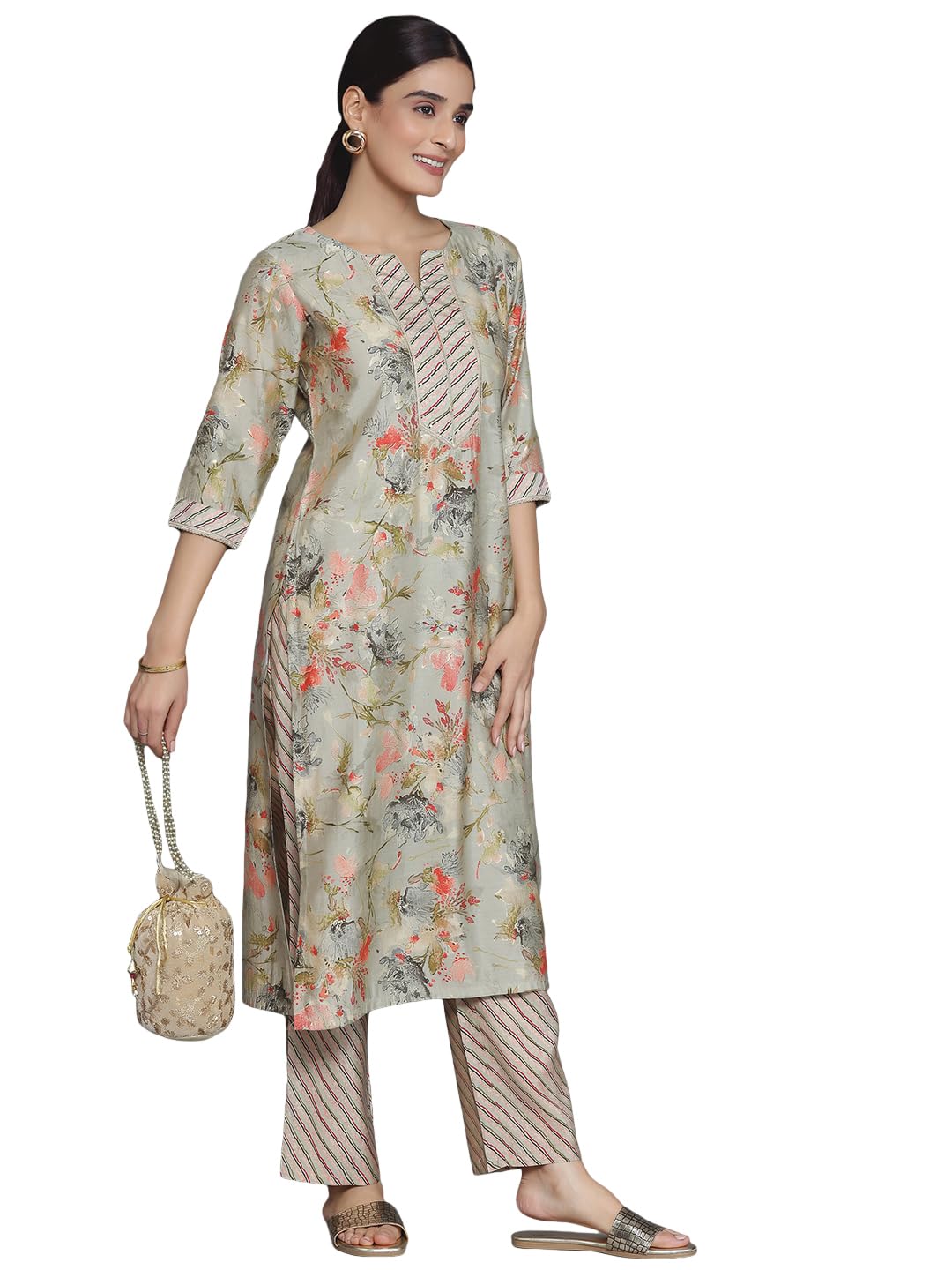 Libas WomenS Silk Blend Printed Regular Fit Kurta Set (35430_Grey_Xl)
