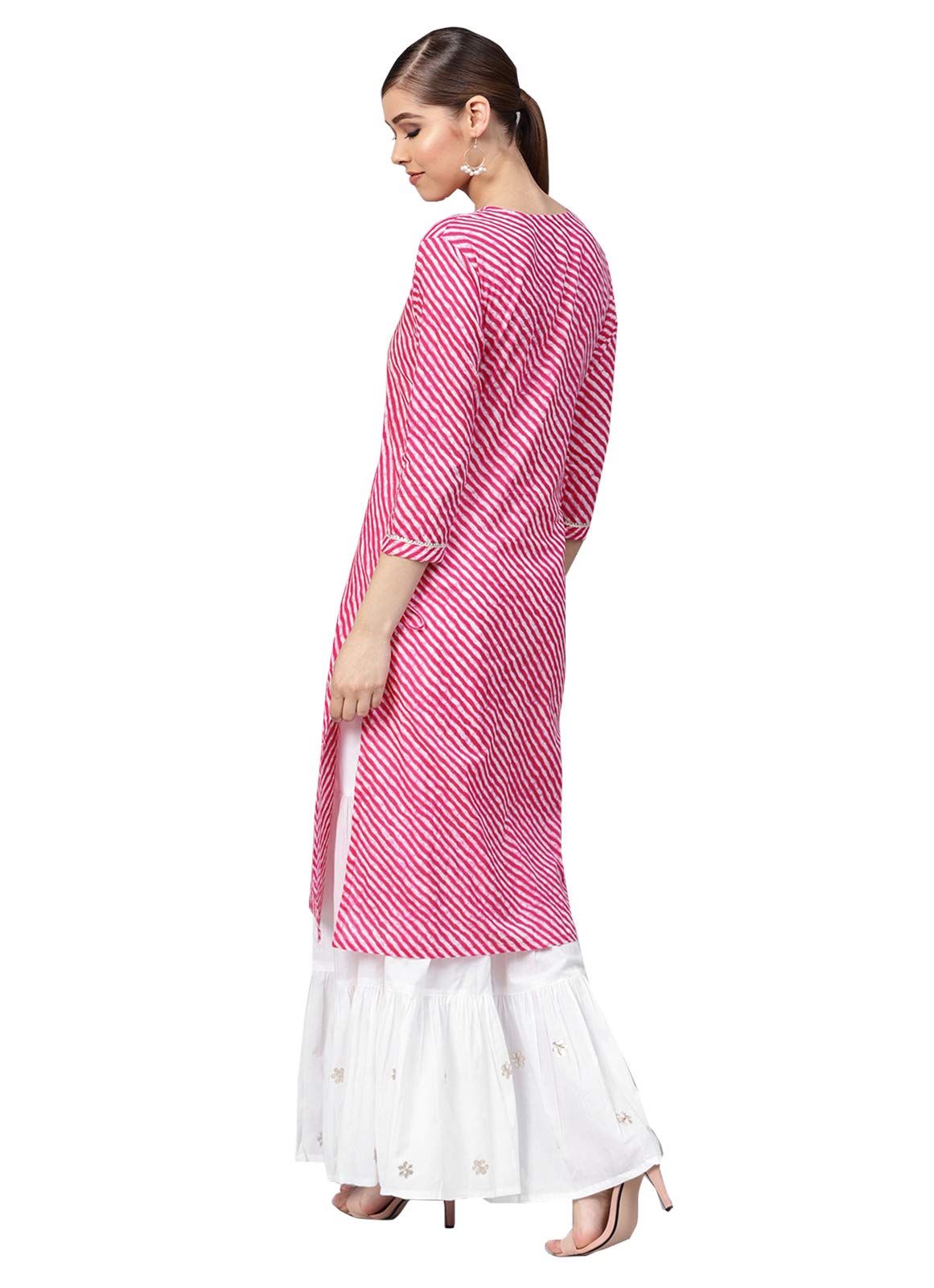 Ishin Women'S Cotton Blend A-Line Printed Gotta Patti Striped Print Pink Kurta Suit Set With Sharara