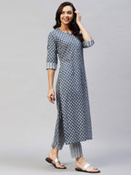 ANNI DESIGNER Womens Cotton Blend Straight Printed Kurta with Pant (Sumedha Blue_M_ Blue_Medium)