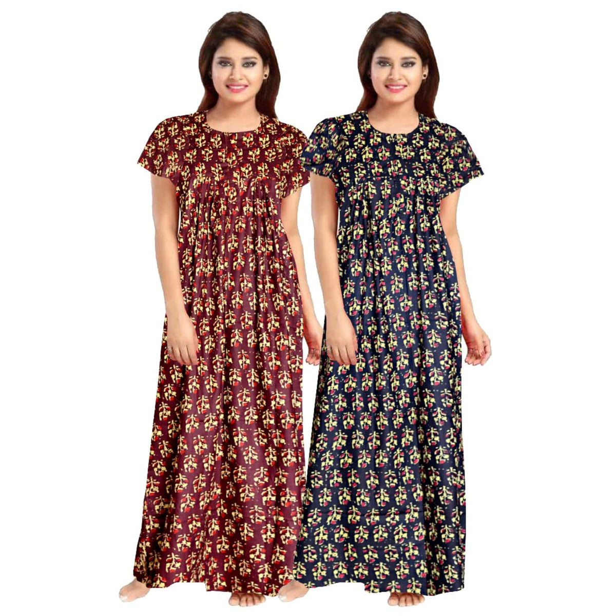Gorangani WomenS Pure Cotton Printed Maxi Maternity Nightwear, Nightdress Free Size, (Pack Of 2) Brown,Blue 2
