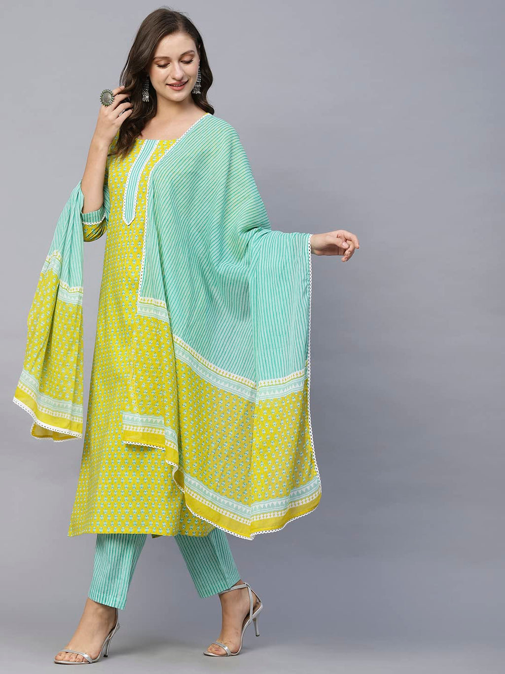 ANNI DESIGNER Womens Cotton Blend Straight Printed Kurta with Pant & Dupatta (Inam Green-SNW_S_Green_Small)
