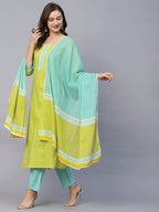 ANNI DESIGNER Womens Cotton Blend Straight Printed Kurta with Pant & Dupatta (Inam Green-SNW_S_Green_Small)