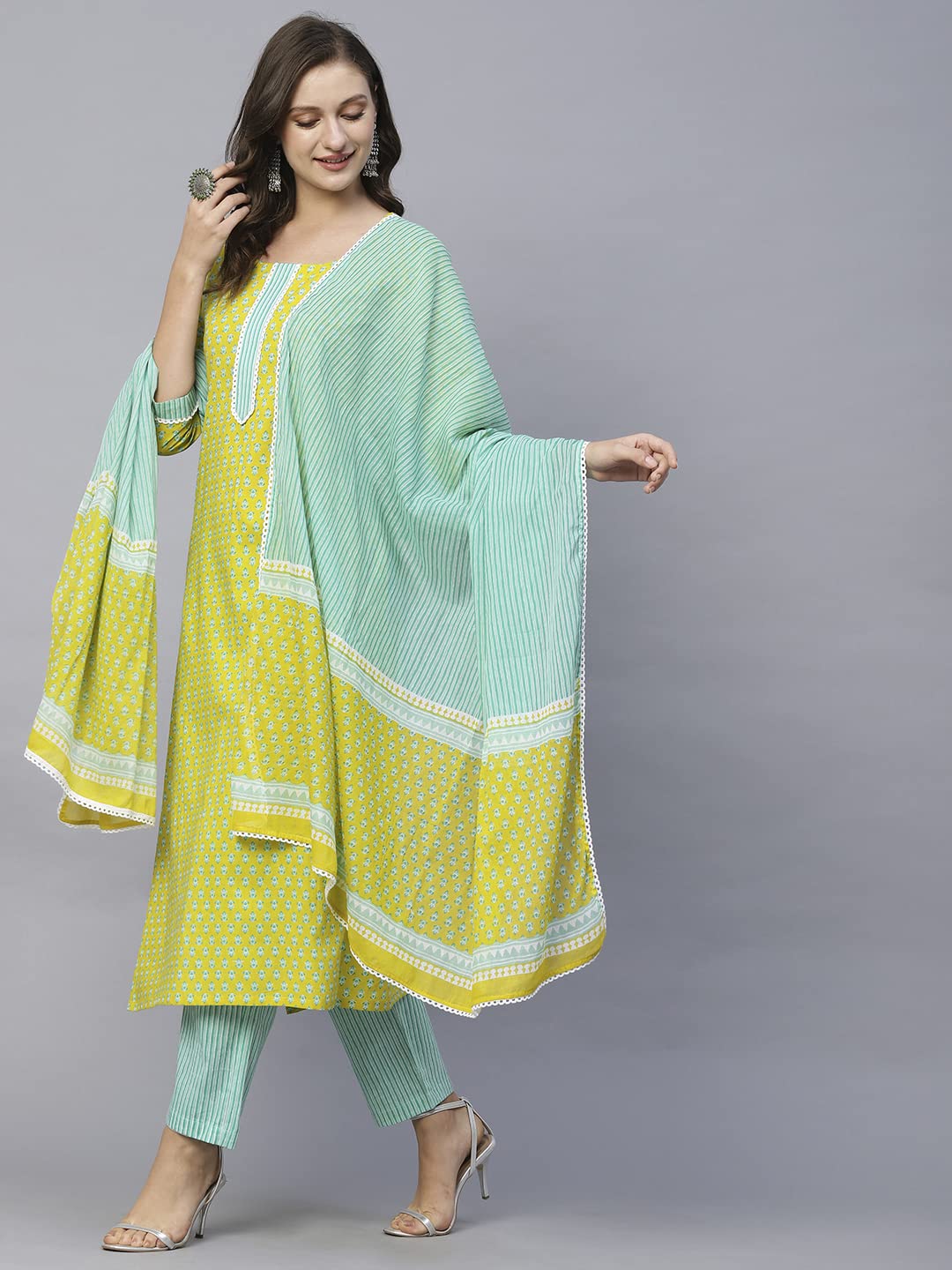 ANNI DESIGNER Womens Cotton Blend Straight Printed Kurta with Pant & Dupatta (Inam Green-SNW_S_Green_Small)