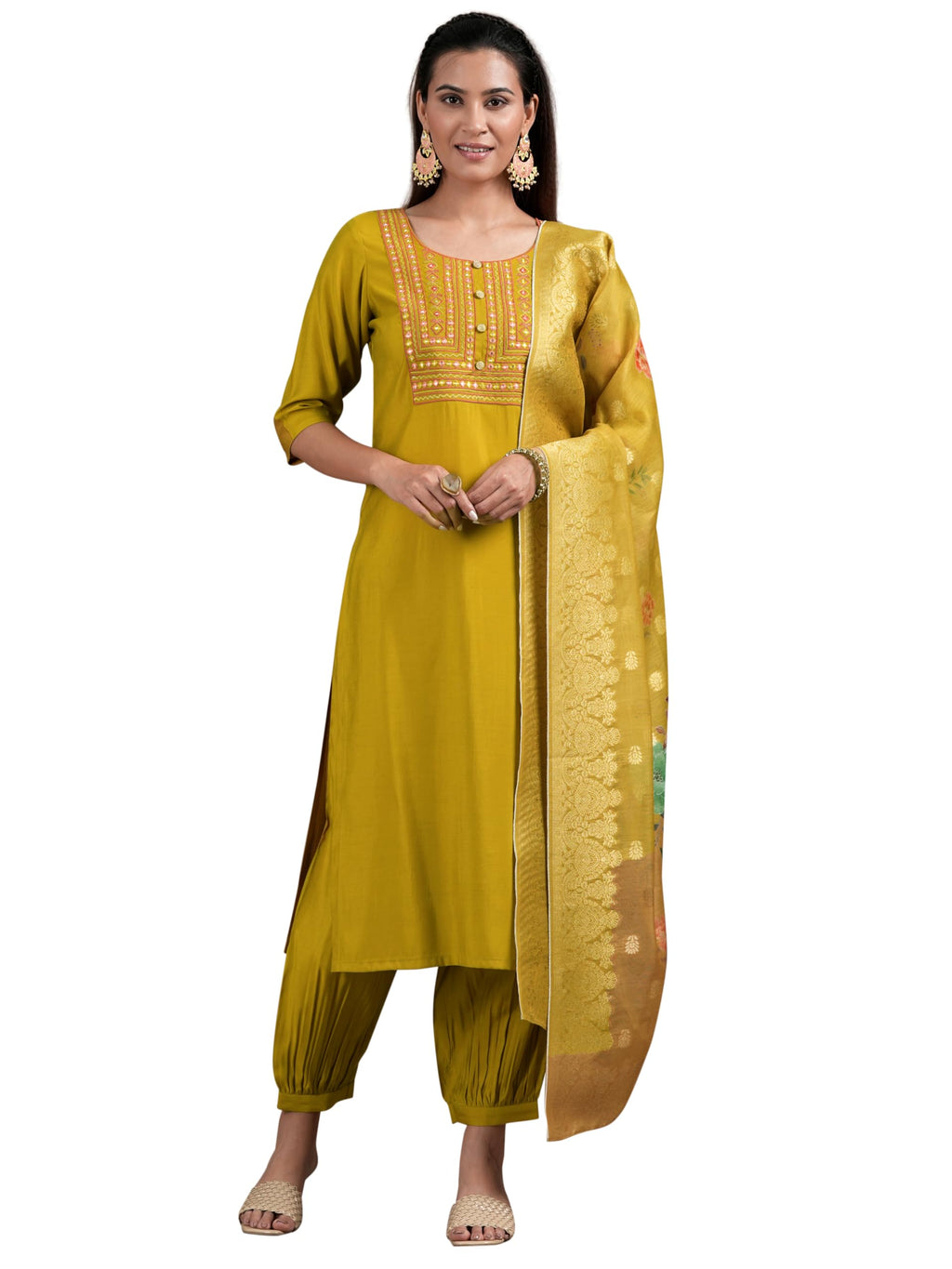 Libas Womens Woven Design Silk Blend Straight Kurta With Salwar And Dupatta