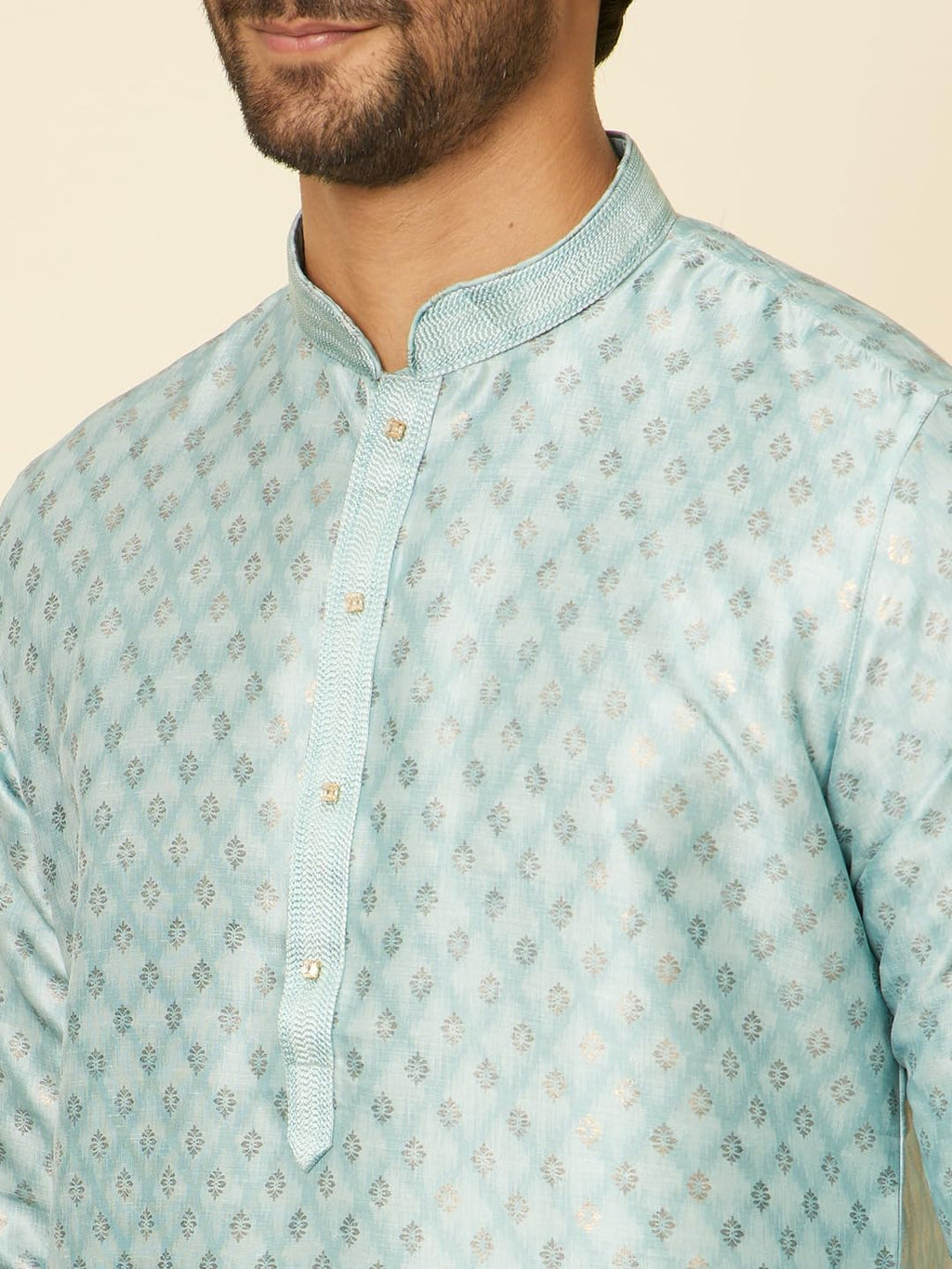 Manyavar Mens Green Art Silk Self Design Kurta Pyjama Set