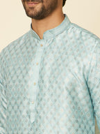 Manyavar Mens Green Art Silk Self Design Kurta Pyjama Set