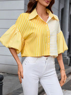 Shasmi Womens Random Striped Print Button Up Casual Shirt with Lapel Collar, Womens Fashion Striped Design Versatile Short Bat