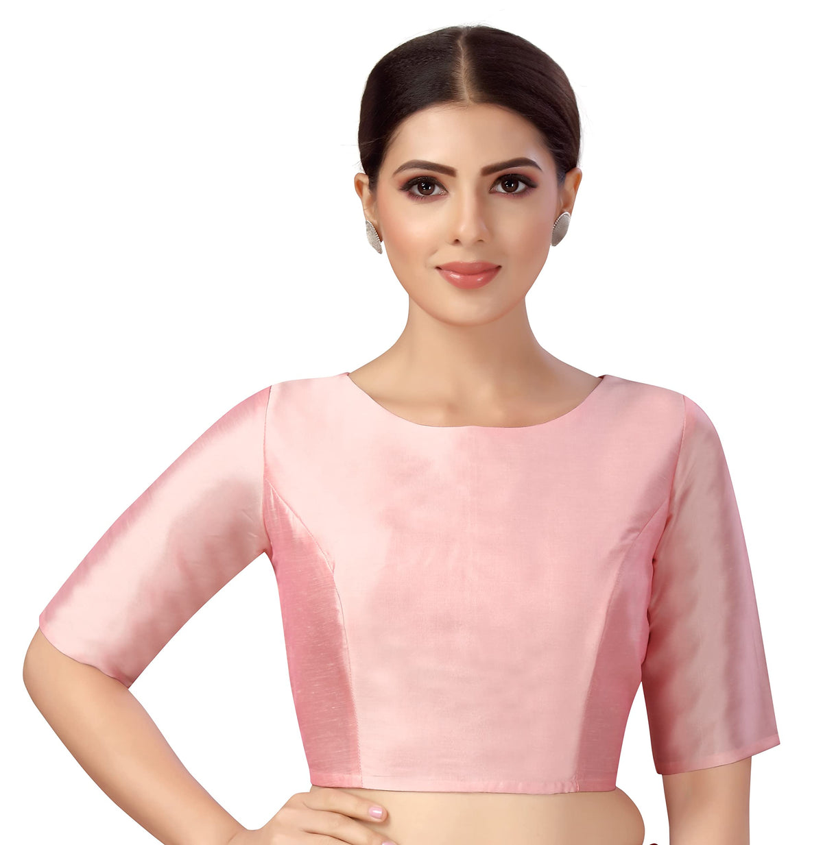 Studio Shringaar WomenS Polyester Elbow Length Sleeves Plain Coloured Saree Blouse(Light Pink, 34) 34