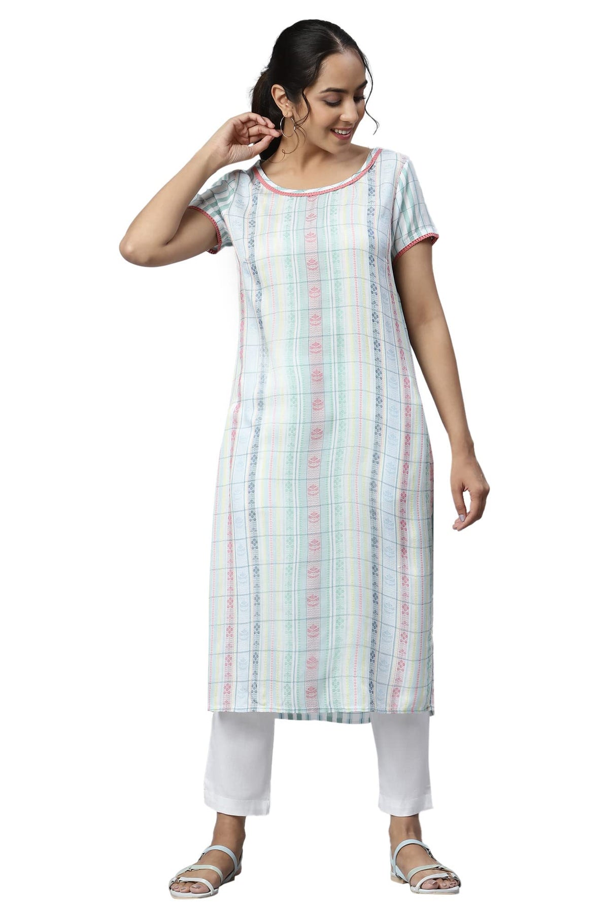 Aurelia Women Pure White Dobby Floral Yarn Dyed Straight Kurta_22Aua13363Ss-702539_L