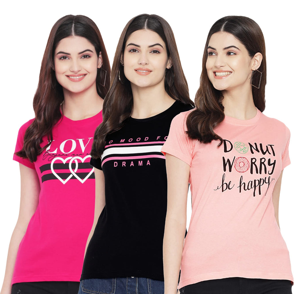 Preneum Womens Cotton Regular Fit Latest Graphic Stylish Printed Short Sleeves Casual T-Shirt || Trends & Stylish (Pack 3), Pea
