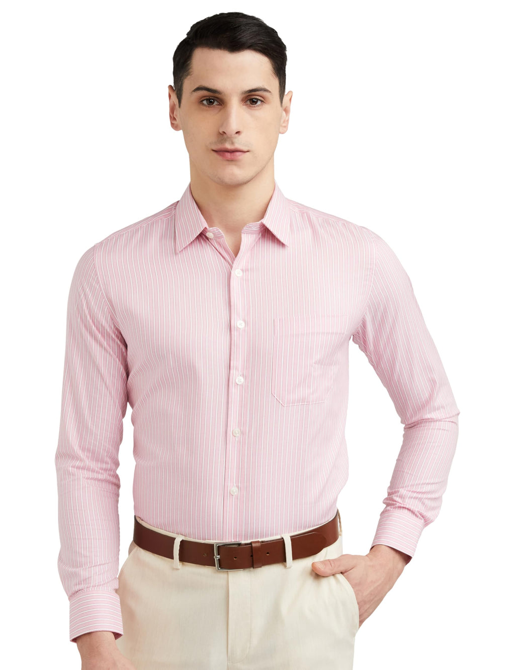 Louis Philippe MenS Cotton Striped Slim Fit Shirt (Lpsfmslfj08257_Peach, 44