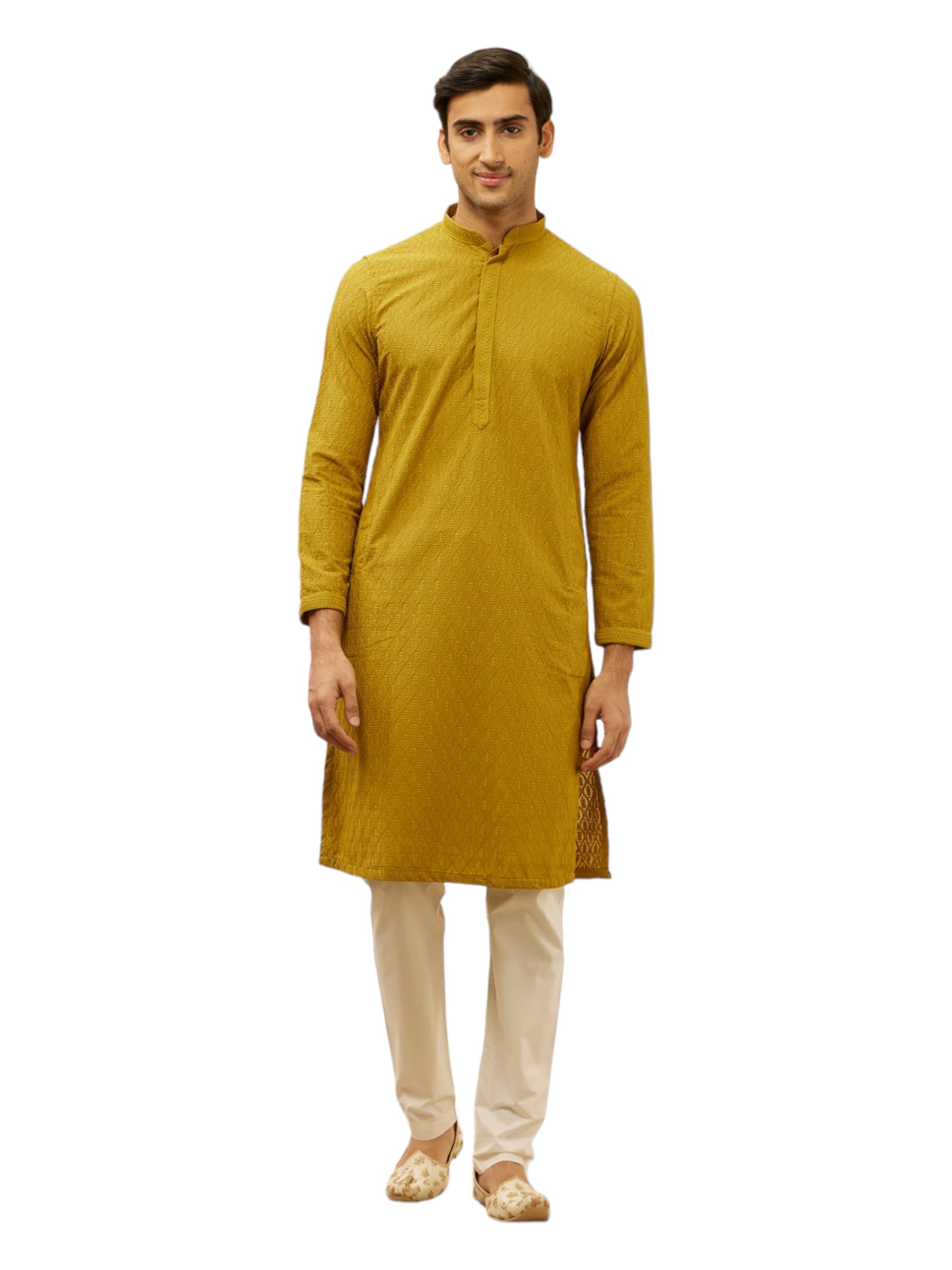Manyavar Mens Green Blended Cotton Chikankari Kurta Pyjama Set