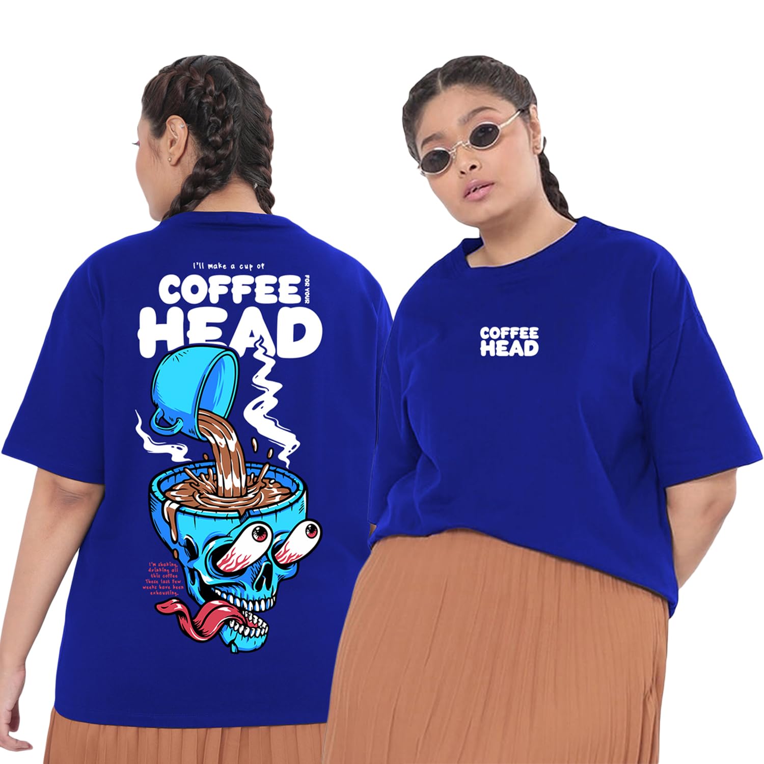 Bewakoof Womens Coffee Head Graphic Printed 100% Cotton Plus Size T-Shirt Oversized Fit, Round Neck, Half Sleeve_594358_Blue_5X