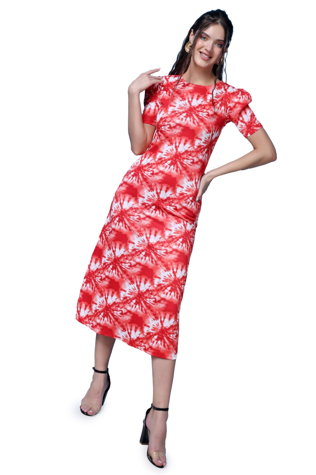 Popwings Casual Abstract Printed Midi Dress For Women | Half-Sleeves Long Dress For Women | Round-Neck Women Stylish Dress Red