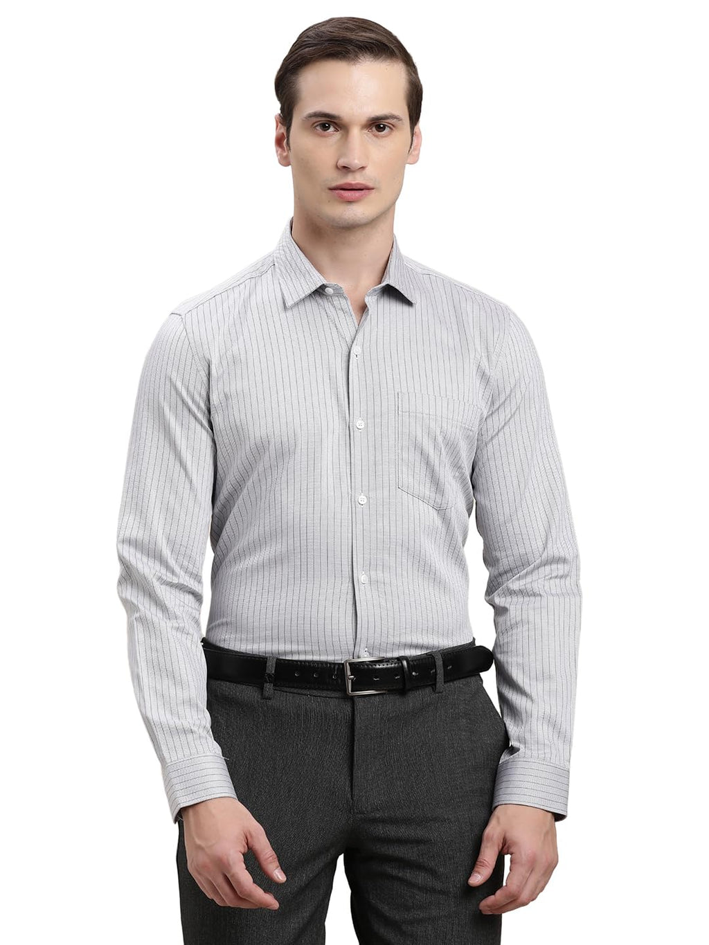 Turtle Men Grey Slim Fit Stripes Pure Cotton Formal Shirt