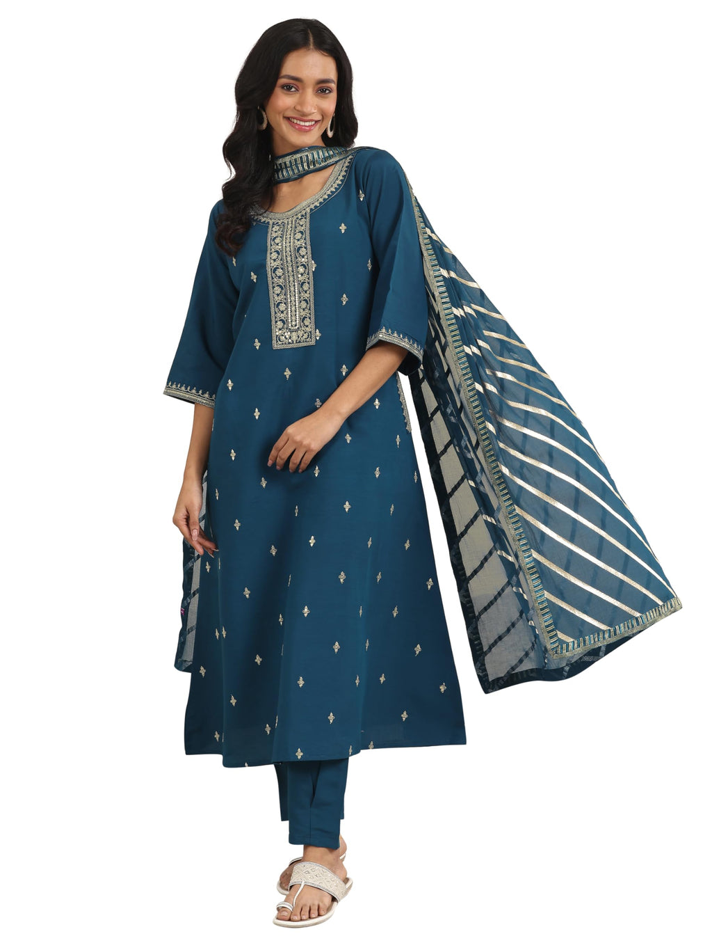 Gerua By Libas Womens Embroidered Silk Blend A-Line Kurta With Trousers And Dupatta