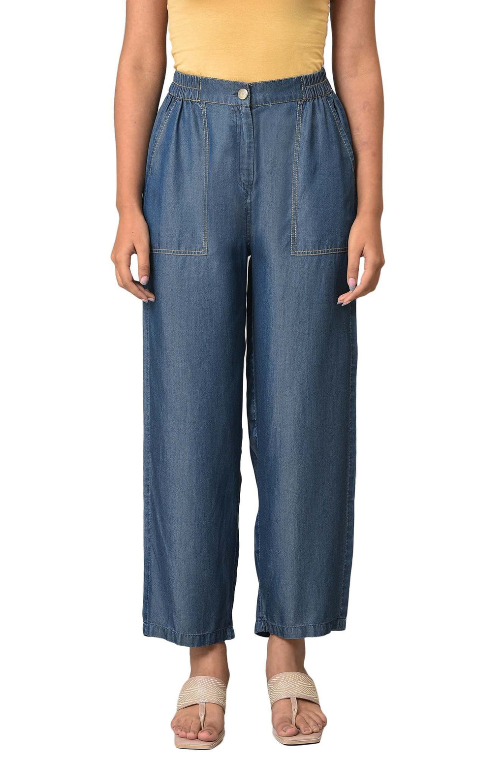 Aurelia Blue Solid Lyocell Parallel Trousers for Womens Ethnic Bottomwear