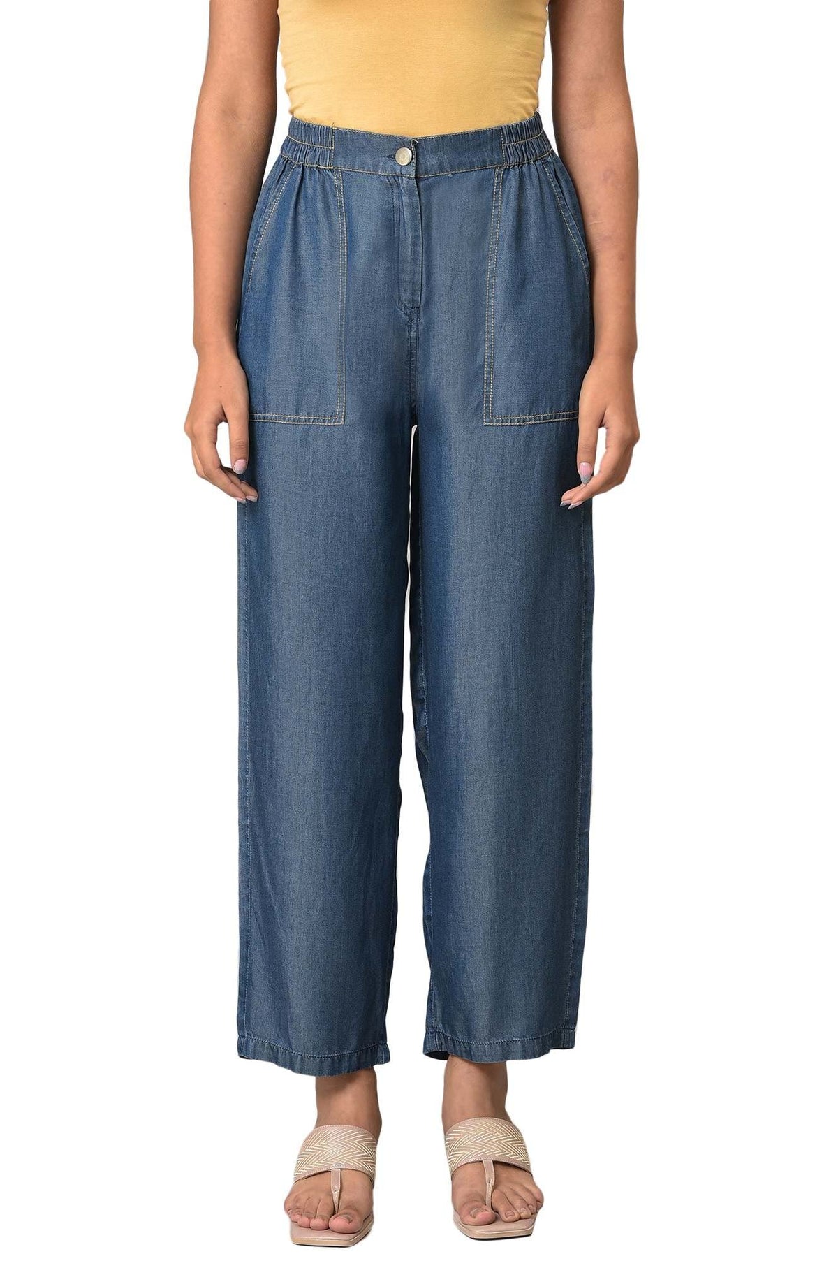 Aurelia Blue Solid Lyocell Parallel Trousers for Womens Ethnic Bottomwear