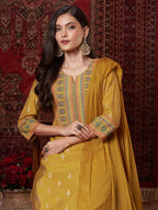 ANNI DESIGNER Women s Viscose Rayon Straight Kurta with Trousers and Dupatta, Mustard, 44