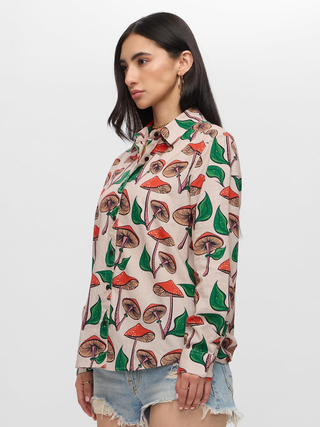 The Souled Store Mushrooms Women and Girls Long Sleeves Collared Neck Button Front Beige All Over Printed Regular Fit Cotton Shi