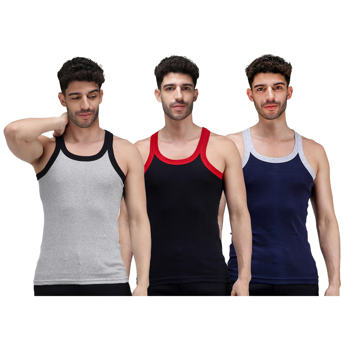 Amul Comfy MenS Gym Vest | Round Neck | Breathable Workout Innerwear | Ultra Soft Moisture Wicking | Pack Of 3 | Color May Vary 2
