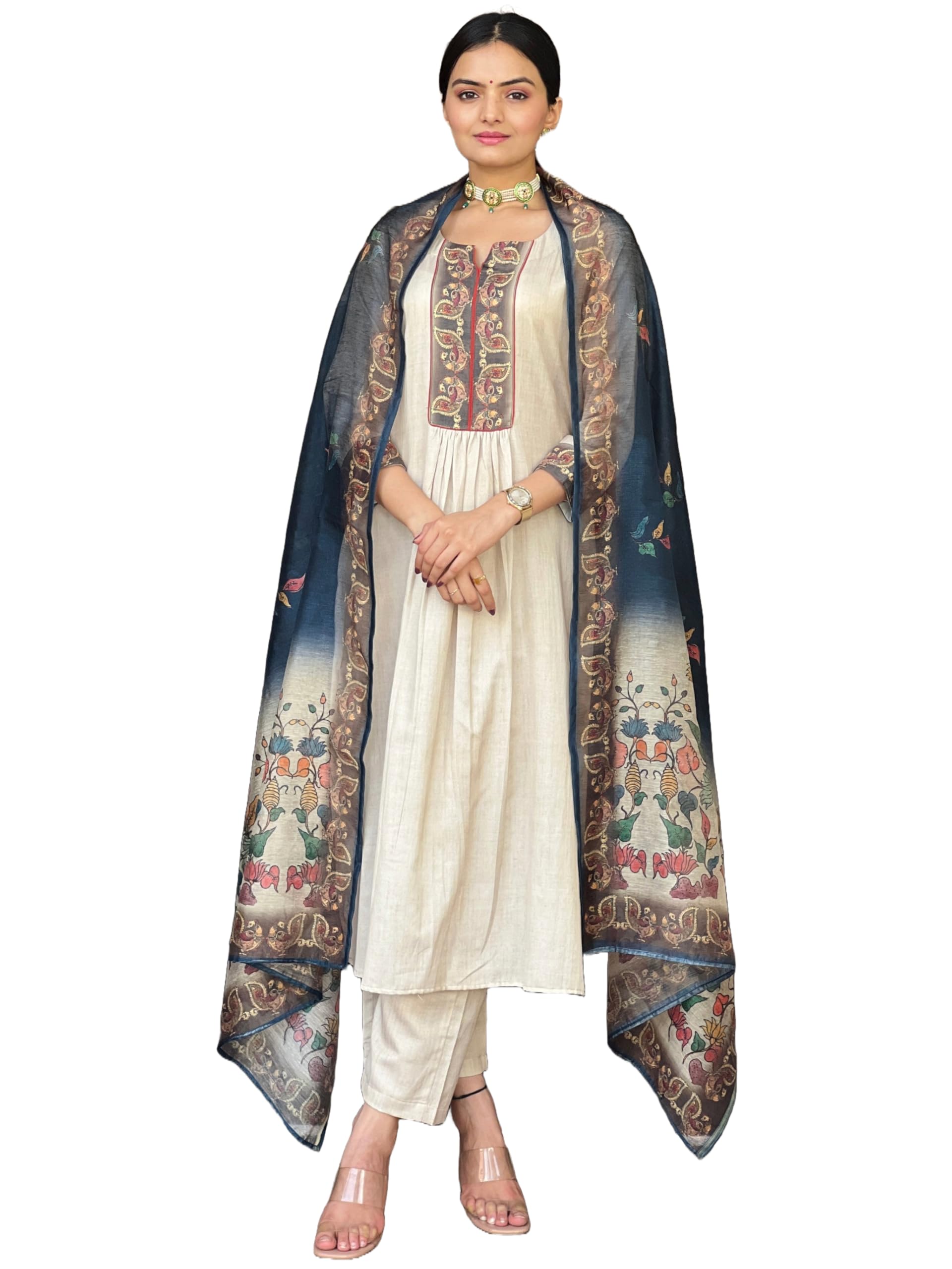 ANNI DESIGNER Womens Rayon Viscose Straight Printed Kurta with Pant & Dupatta (LADKI Cream_S_Cream_Small)