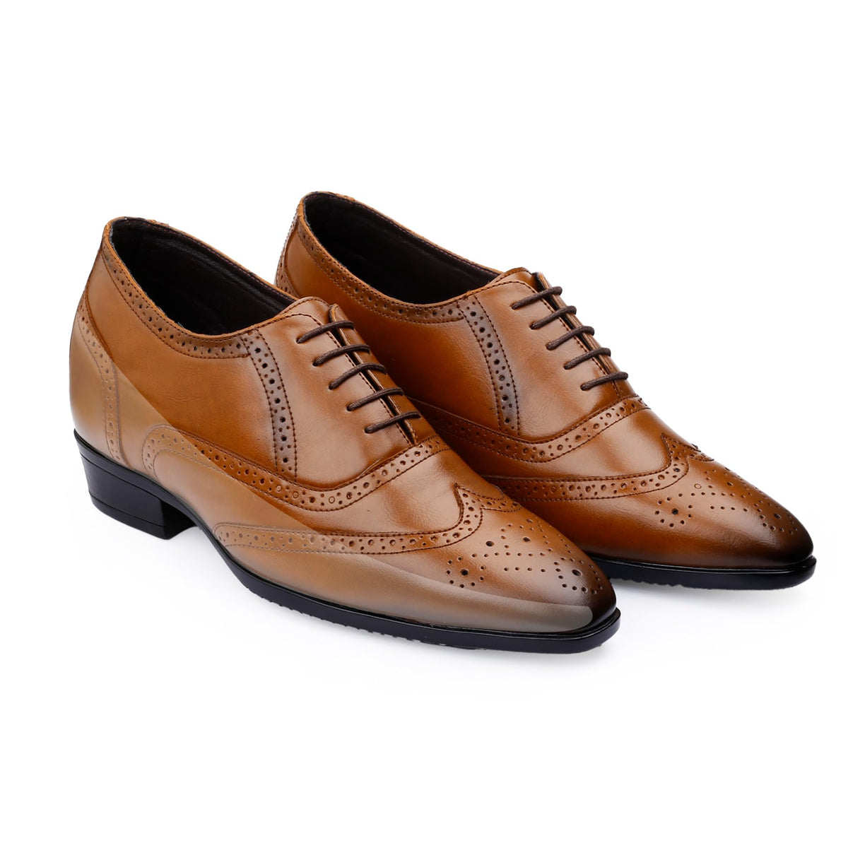 BXXY Mens 9 CM Hidden Height Increasing Faux Leather Material, Tan Casual Brogue Formal Laceup Oxford Shoe. 6 UK 6